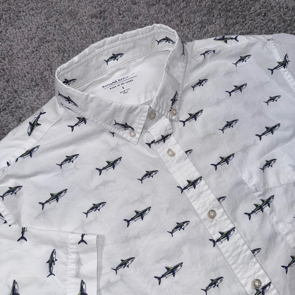 Banana Republic Luxe Poplin Shirt Mens Shark Print Slim Fit Tall White Large